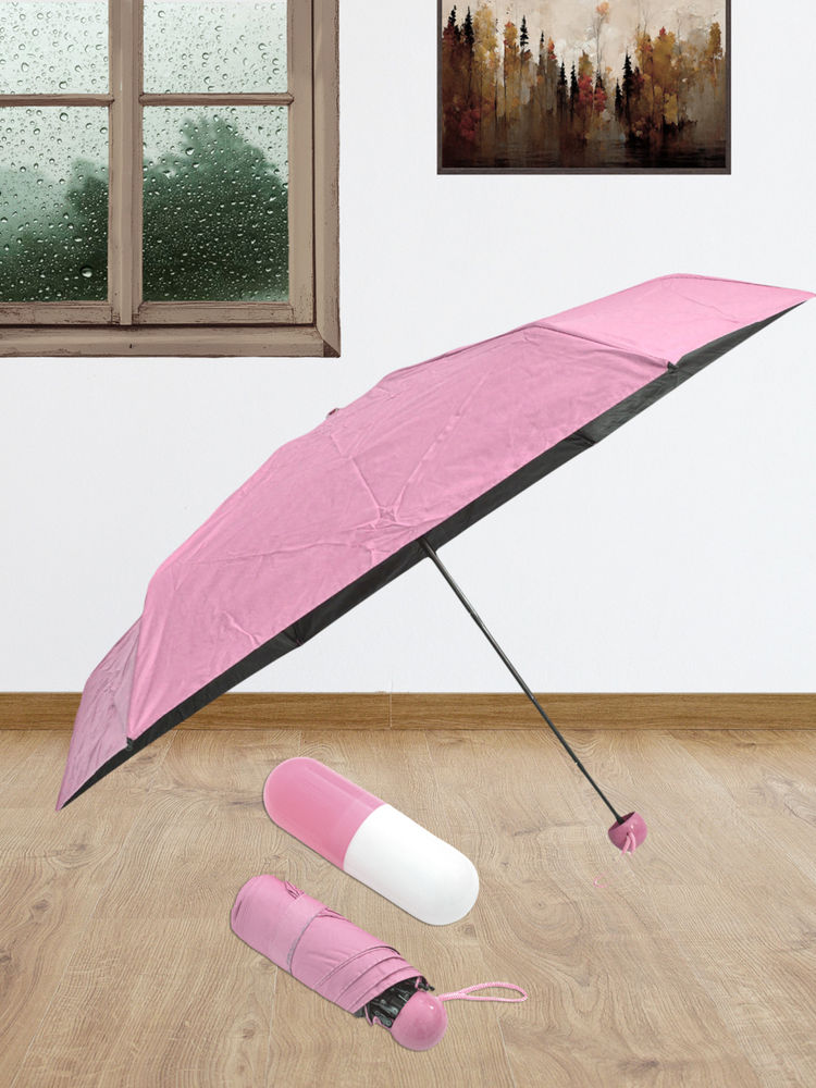 FABINALIV Pink Solid 3 Fold Waterproof Compact Capsule Umbrella with Cover-picture-13
