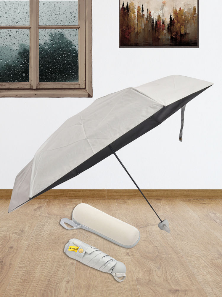 FABINALIV Cream Solid Waterproof 3 Fold Compact Umbrella with Cover-image-43