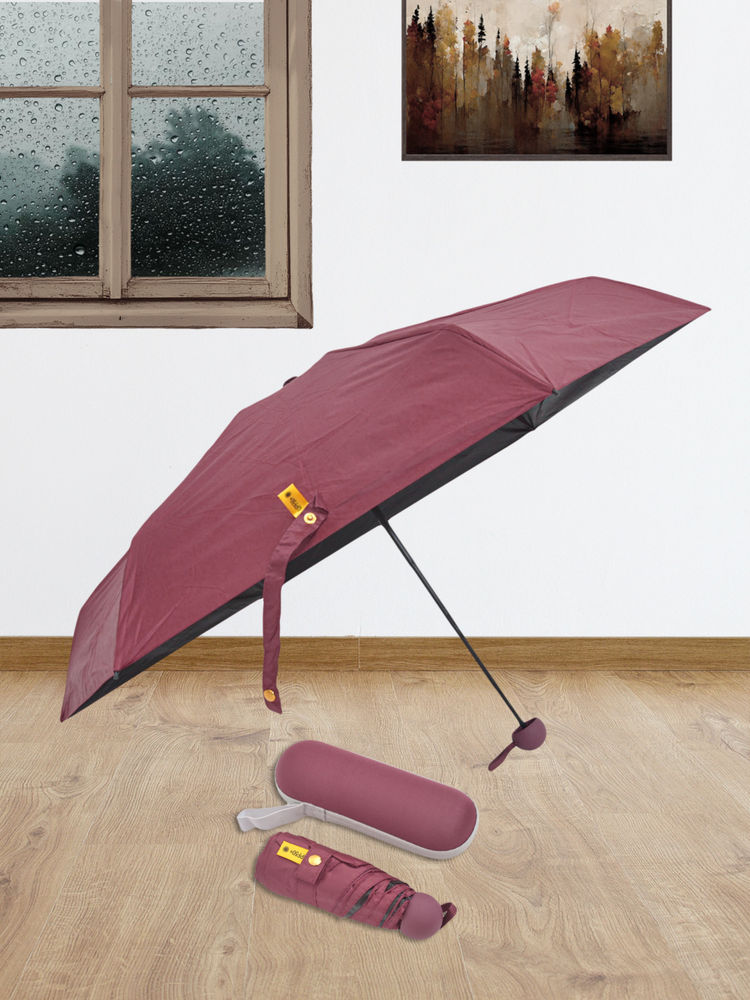 FABINALIV Maroon Solid Waterproof 3 Fold Compact Umbrella with Cover-image-2