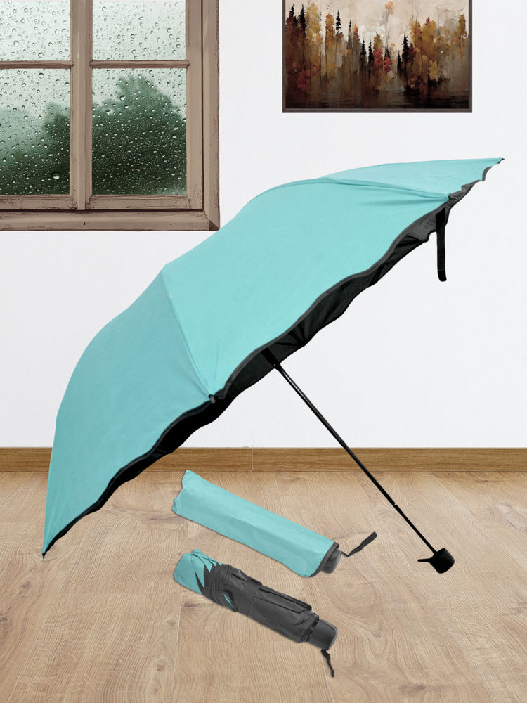 FABINALIV Turquoise Solid Waterproof Compact 3 Fold Magic Umbrella with Cover-image-2