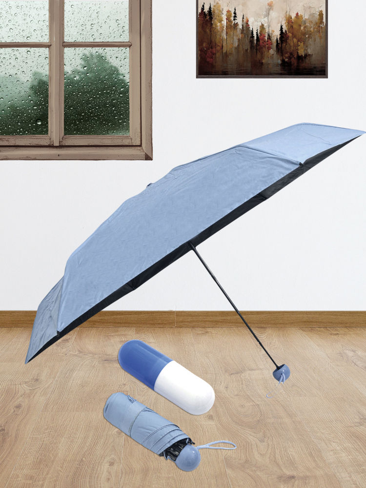 FABINALIV Blue Solid 3 Fold Waterproof Compact Capsule Umbrella with Cover-image-49