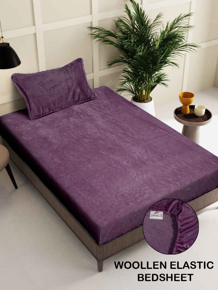 FABINALIV Raisin Purple Solid 300 TC Woollen Fitted Single Bedsheet with Pillow Cover-image-28