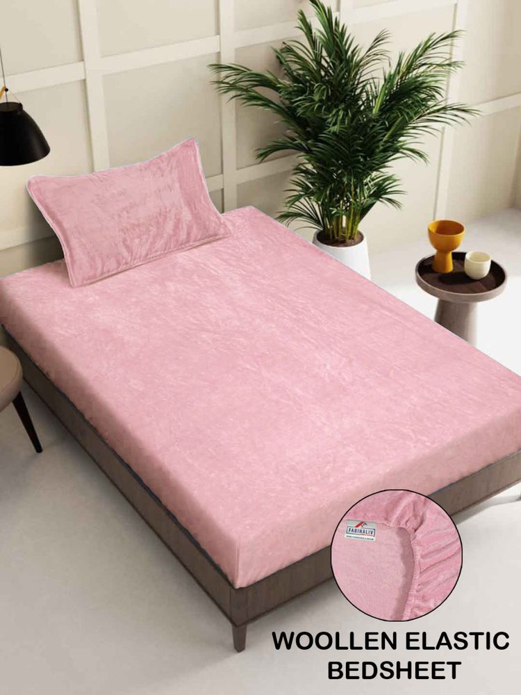 FABINALIV Peach Solid 300 TC Woollen Fitted Single Bedsheet with Pillow Cover-image-46