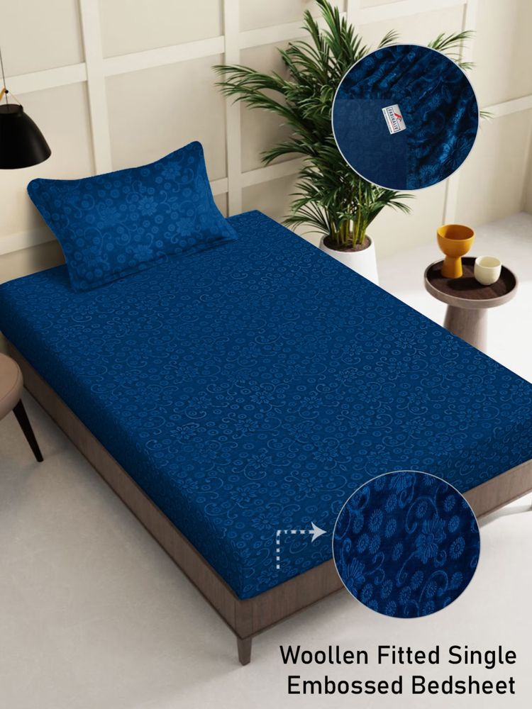 FABINALIV Navy Blue Floral 300 TC Fitted Single Bedsheet with Pillow Cover-picture-13