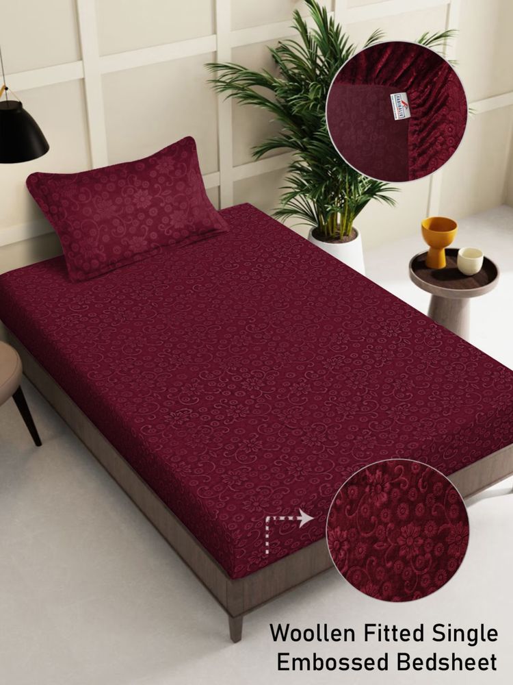 FABINALIV Maroon Floral 300 TC Fitted Single Bedsheet with Pillow Cover-image-1