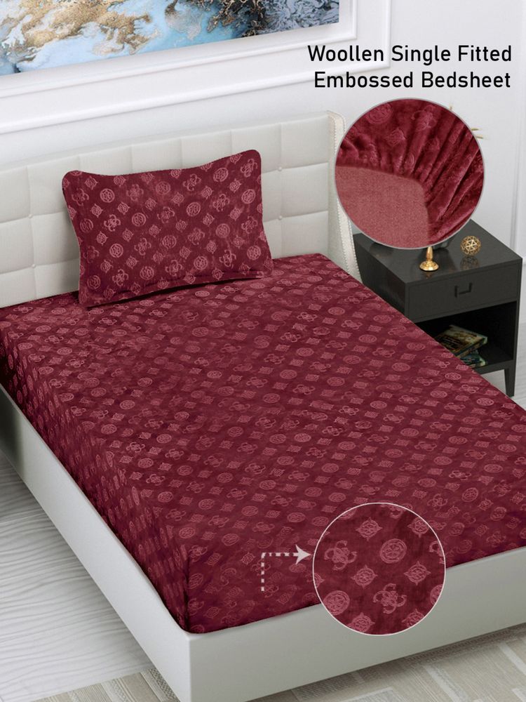 FABINALIV Maroon Geometric 300 TC Fitted Single Bedsheet with Pillow Cover-image-28