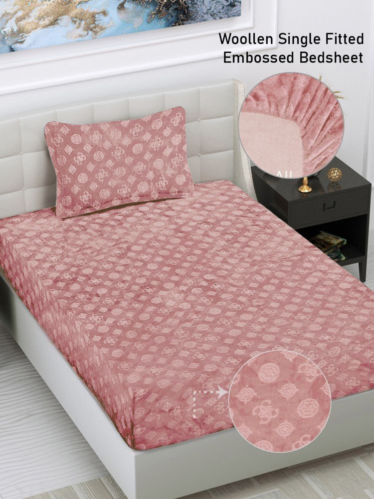 FABINALIV Peach Geometric 300 TC Fitted Single Bedsheet with Pillow Cover-picture-12