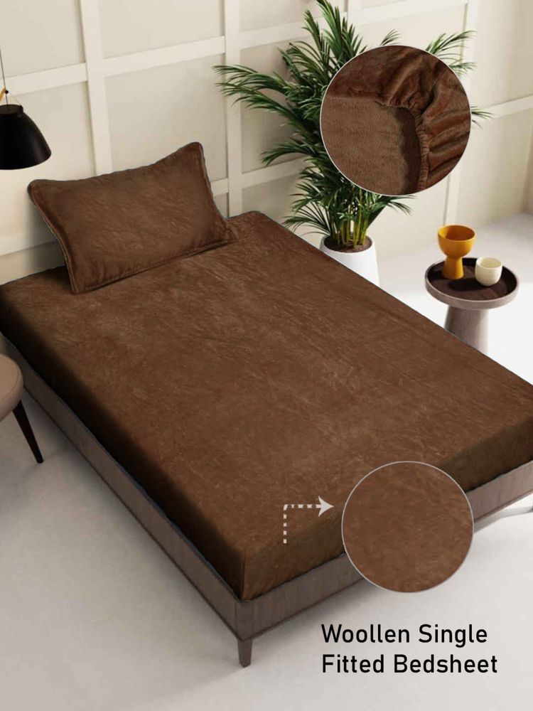 FABINALIV Brown Solid 300 TC Woollen Fitted Single Bedsheet with Pillow Cover-image-28