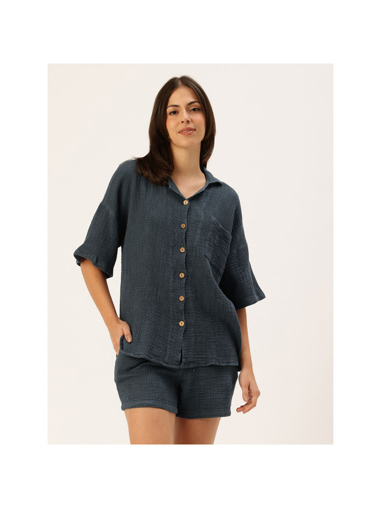 Clt.s Women Navy Blue Solid Shirt and Shorts (Set of 2)-picture-10
