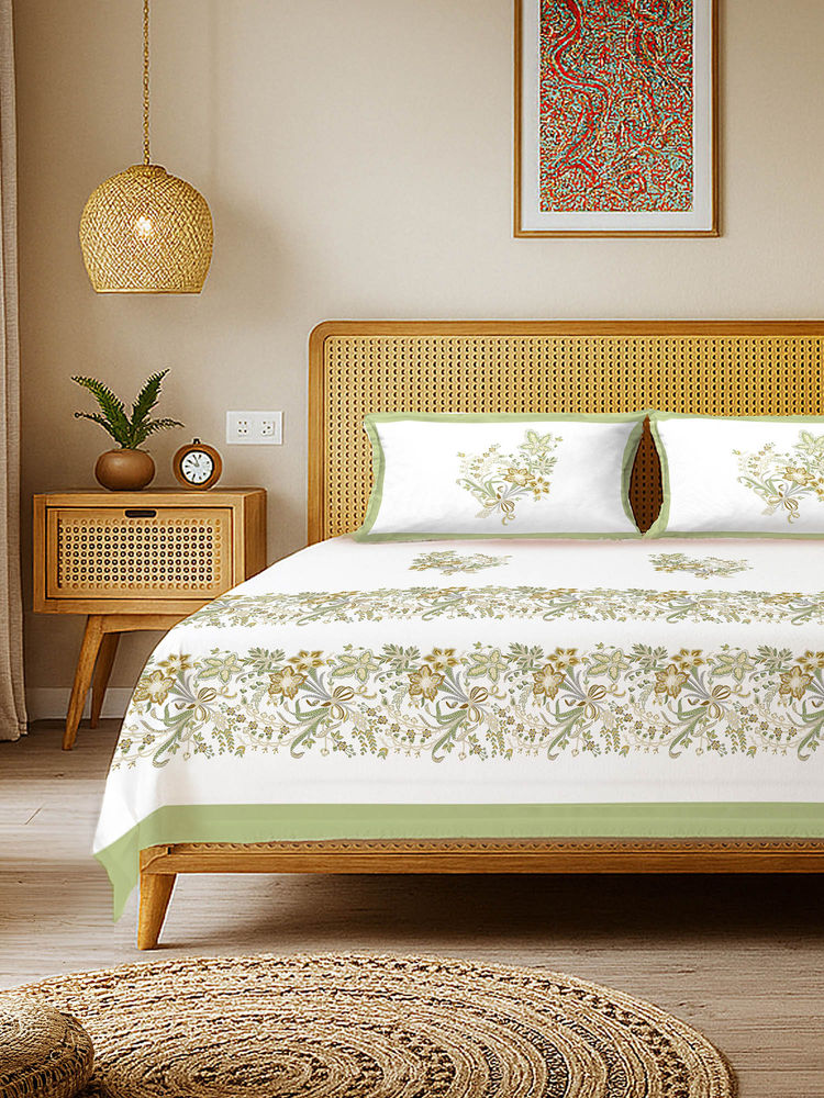 Urban Space Rajasthani Ethnic 100% Cotton Double Bedsheet with 2 Pillow Covers, Green-picture-7