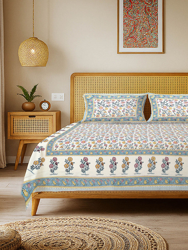 Urban Space Rajasthani Ethnic 100% Cotton King Bedsheet with 2 Pillow Covers, Jagmandir Blue-picture-15
