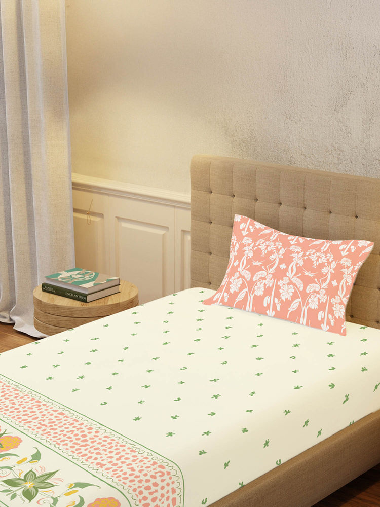 Urban Space Serene 200 Tc Cotton Bedsheets With 2 Pillow Covers Ivy Bloom Peach-picture-6