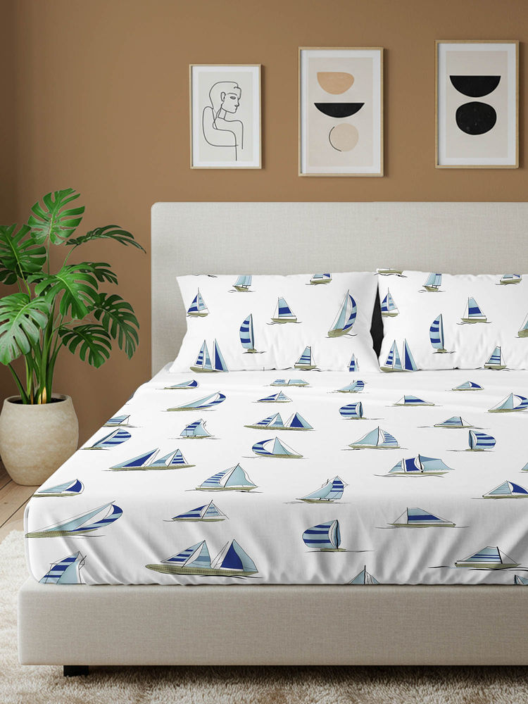 Urban Space Ocean Boats Blue Cotton Bedsheet with 2 Pillow Covers-picture-15
