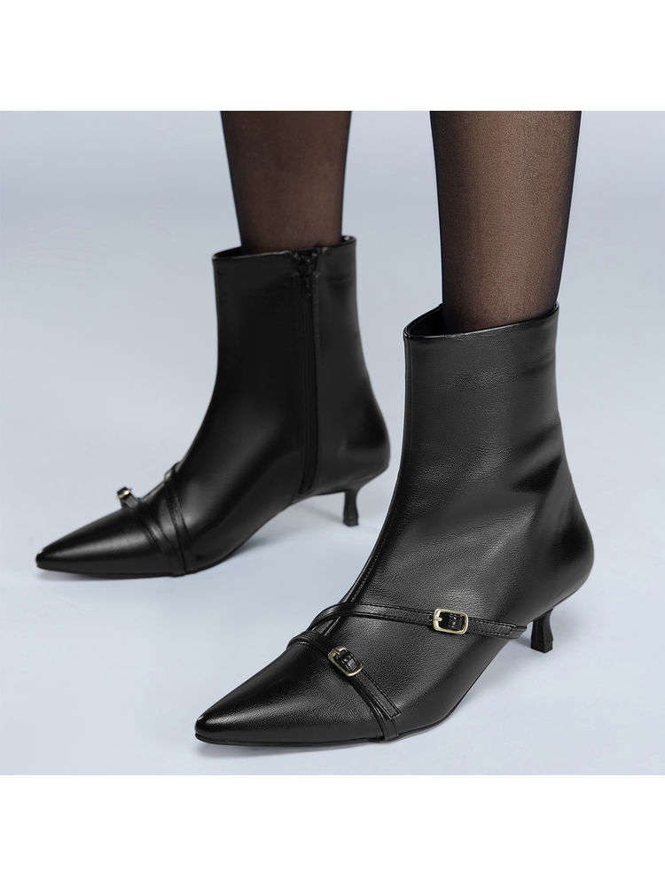 Twenty Dresses by Nykaa Fashion Black Pointed Toe High Ankle Kitten Heel Boots for Women-image-35