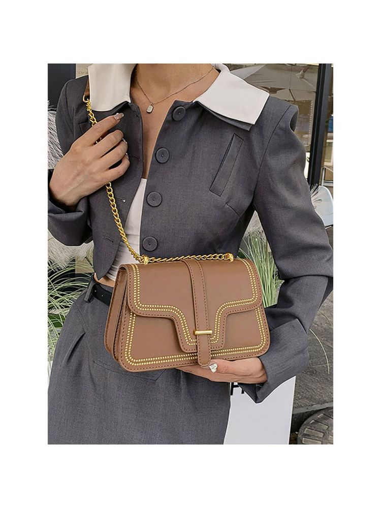 Styli Women's Brown Embellished Sling Bag with Chain