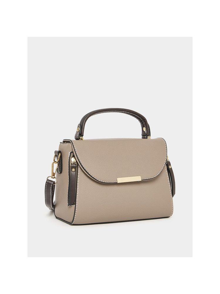 Styli Women's Beige Metal Accent Contrast Detail Satchel Handbag (Set of 2)