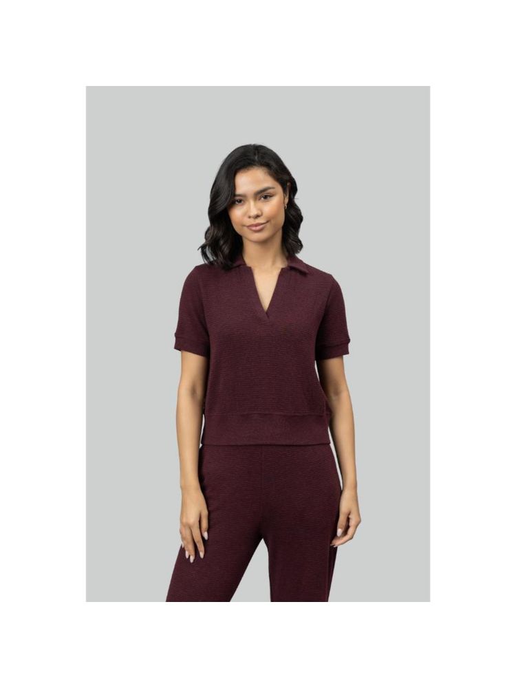 NeceSera Burgundy Ottoman Rib Polo Top-image-11