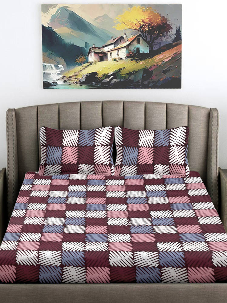 FABINALIV Maroon Geometric 300 TC Cotton Blend Fitted Bedsheet with 2 Pillow Covers (King)