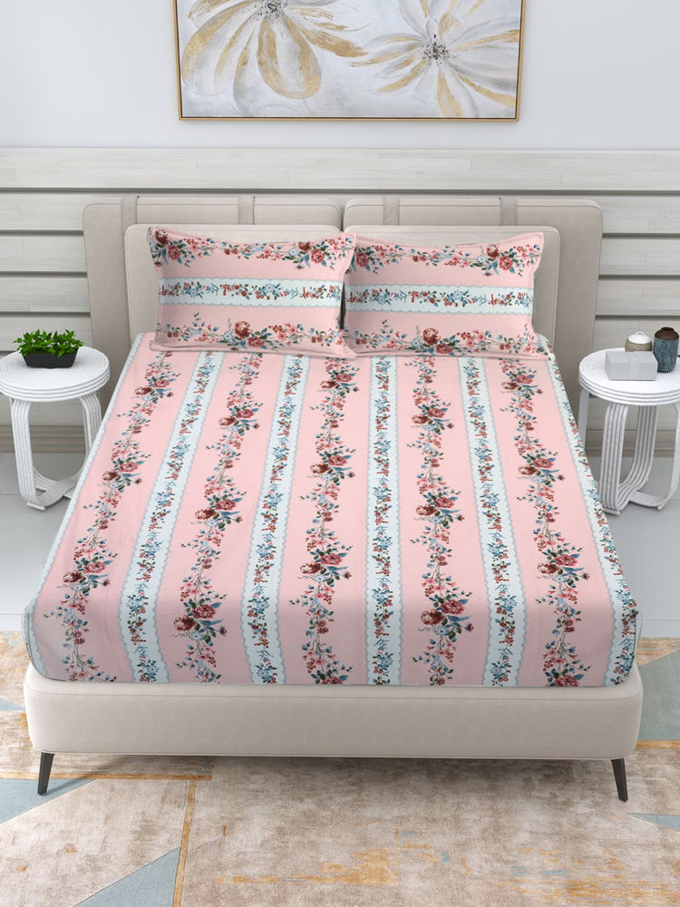 FABINALIV Pink Floral 300 TC Cotton Blend Fitted Bedsheet with 2 Pillow Covers (King)-image-25