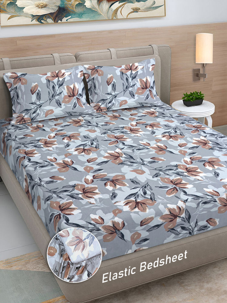 FABINALIV Grey Floral 300 TC Cotton Blend Fitted Bedsheet with 2 Pillow Covers (King)-picture-12