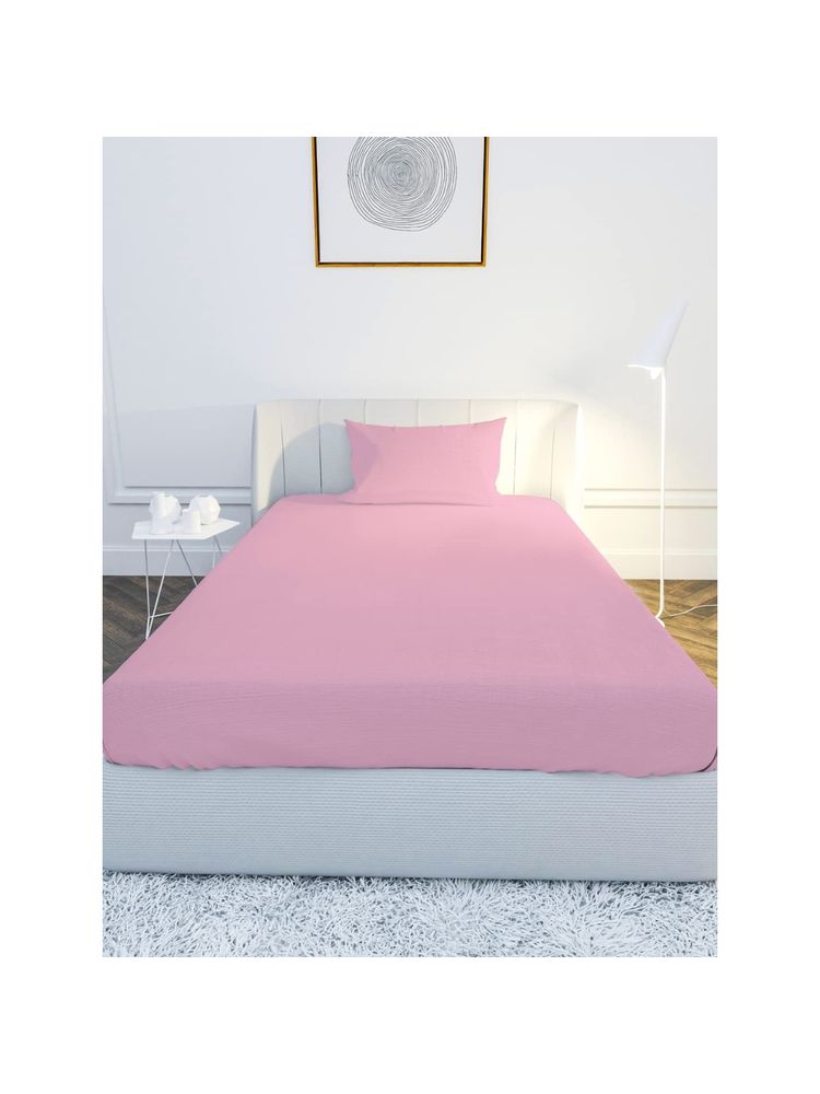 100% Cotton 144TC Single Bedsheet with 1 pillow covers Solid Pink (Single)-image-9