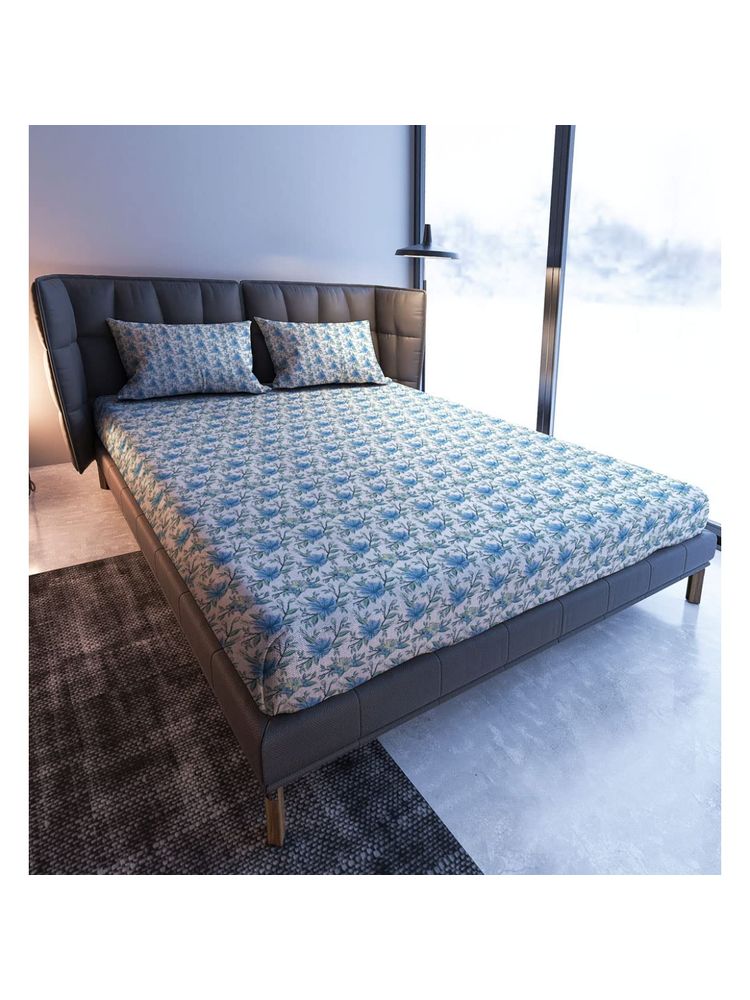 100% Cotton 108TC Super King Bedsheet with 2 Pillow Covers Floral Blue (King)-image-24