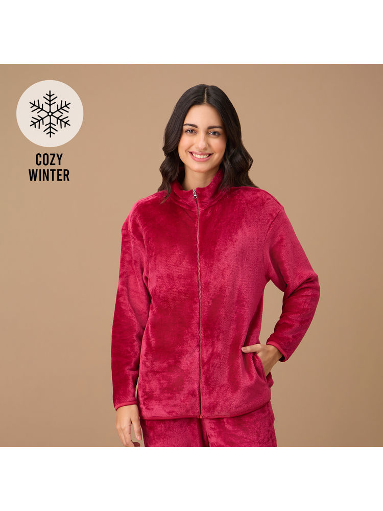 Nykd By Nykaa Luxe Fur Cozy Front Open Zippered Jacket-NYS120-Red-image-1