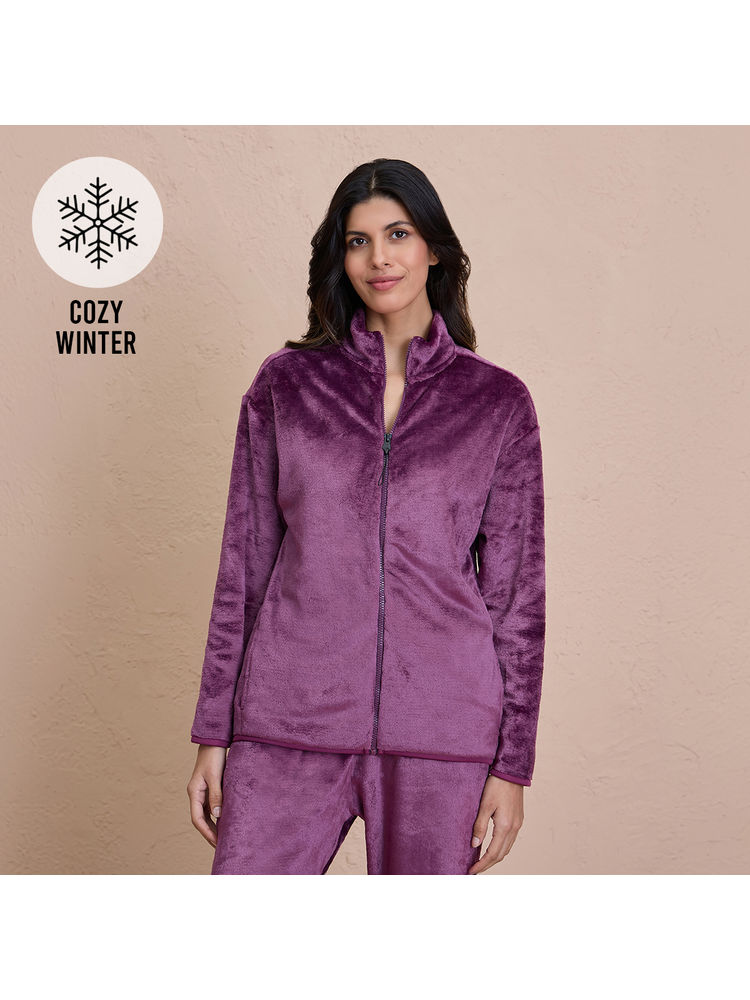 Nykd By Nykaa Luxe Fur Cozy Front Open Zippered Jacket-NYS120-Wine-picture-11