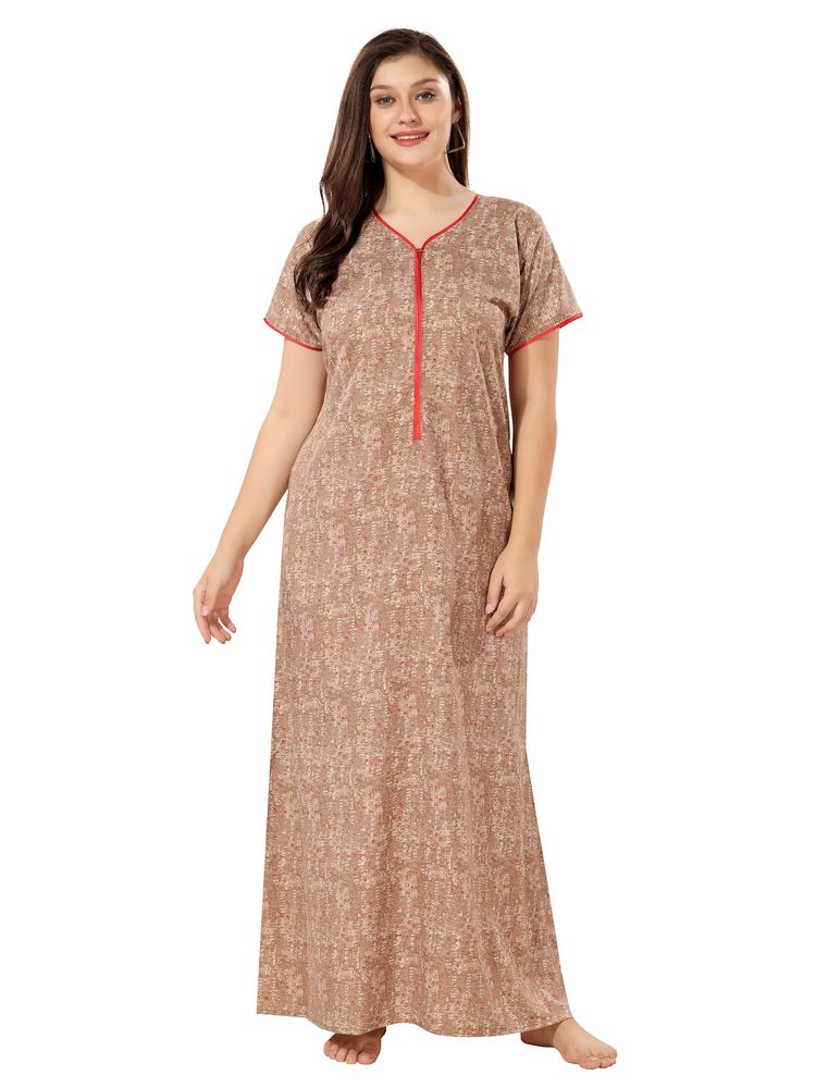 PIU Front Zipper Plus Size Cotton Half Sleeves Floral Print Nighty-Brown (XL)-image-11
