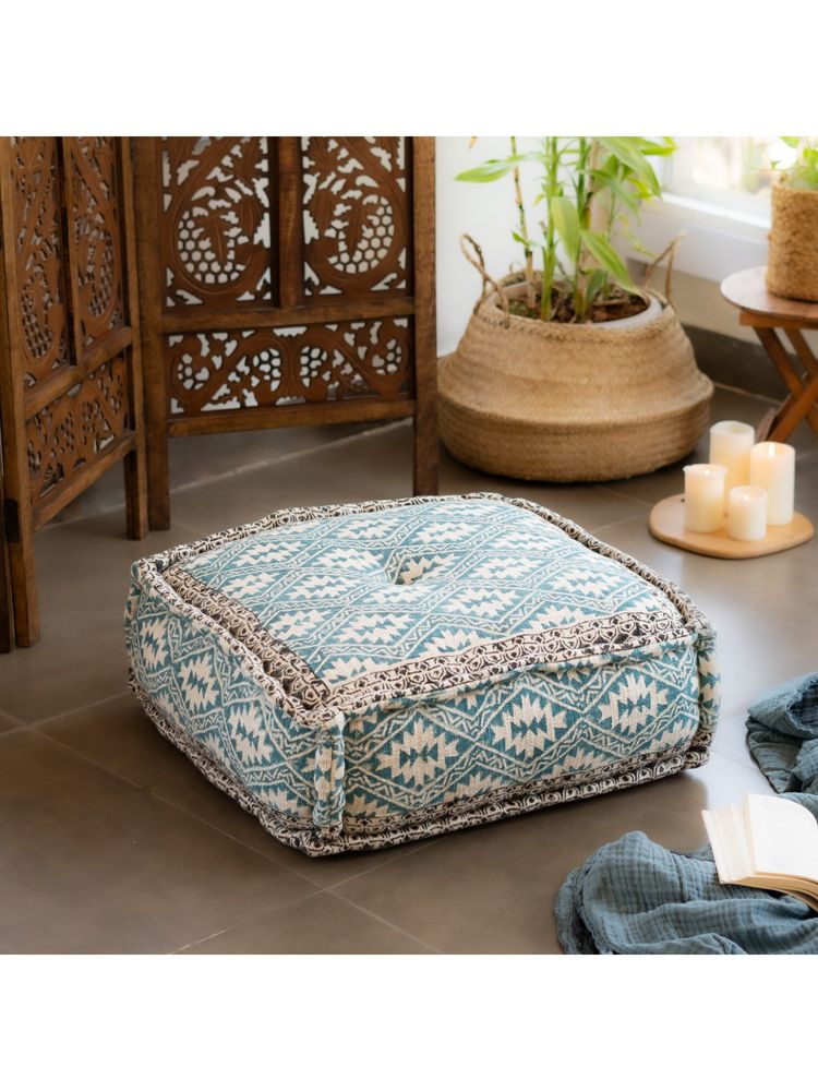 Ritualistic Aztech Hand Block Print Square Floor Cushion-picture-43