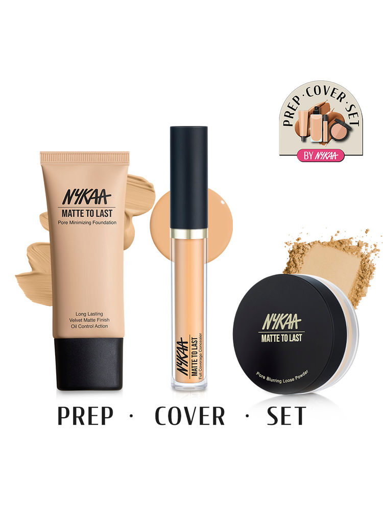 Nykaa Prep Cover Set - Pore Minimizing Foundation, Full Coverage Concealer & Matte Loose Powder