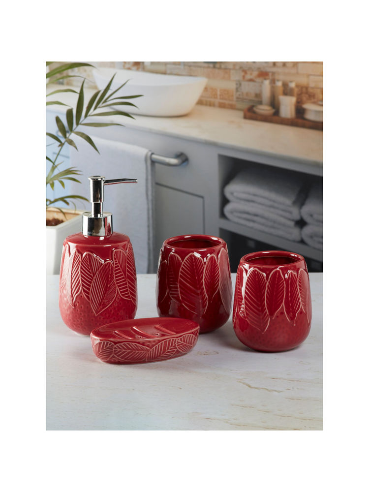 Kookee Red Ceramic Bathroom Soap Dispenser & Dish with Toothbrush Holder & Tumbler