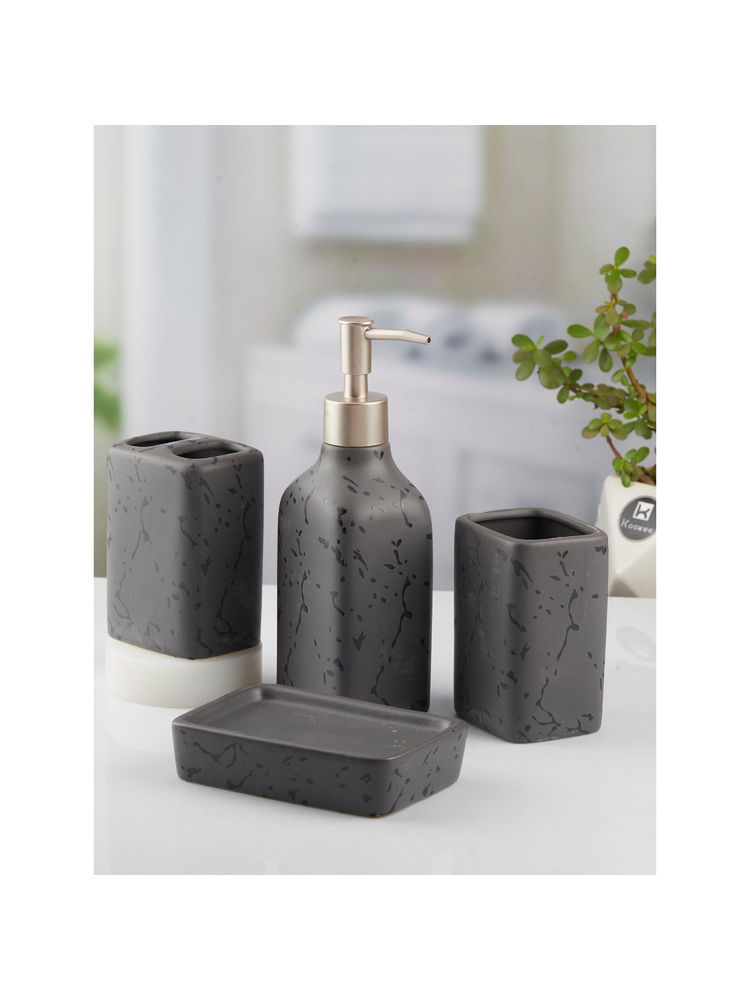 Kookee Grey Ceramic Bathroom Soap Dispenser & Dish with Toothbrush Holder & Tumbler-picture-14