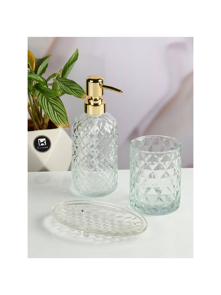 Kookee Transparent Glass Bathroom Soap Dispenser & Dish with Toothbrush Holder-image-37
