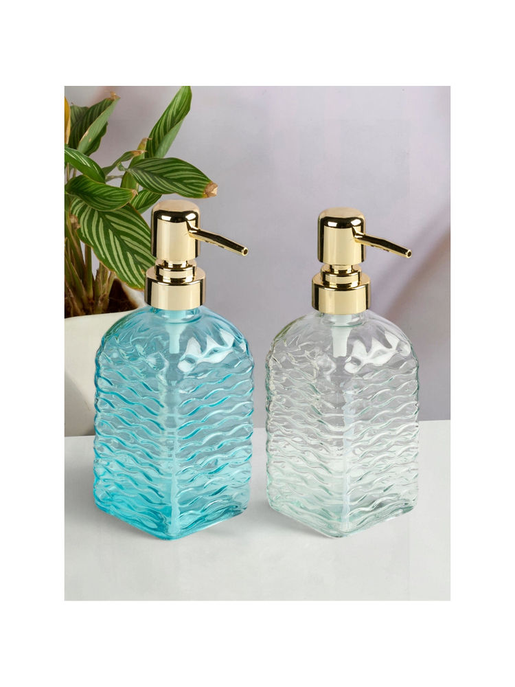 Kookee Blue & Transparent Glass Soap Dispenser Stylish Refillable Pump for Bathroom (Pack of 2)-image-2