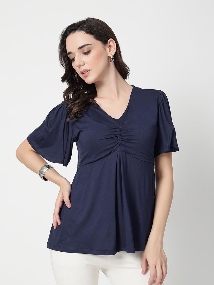 Zelena Navy Blue Viscose In-Built Bra Feeding Zip Maternity Top-picture-19