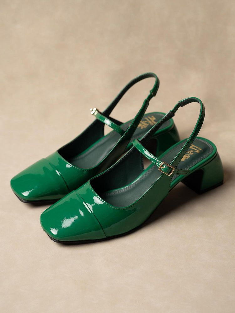 Theater Green Block Square Toe Sandal Heels-image-22