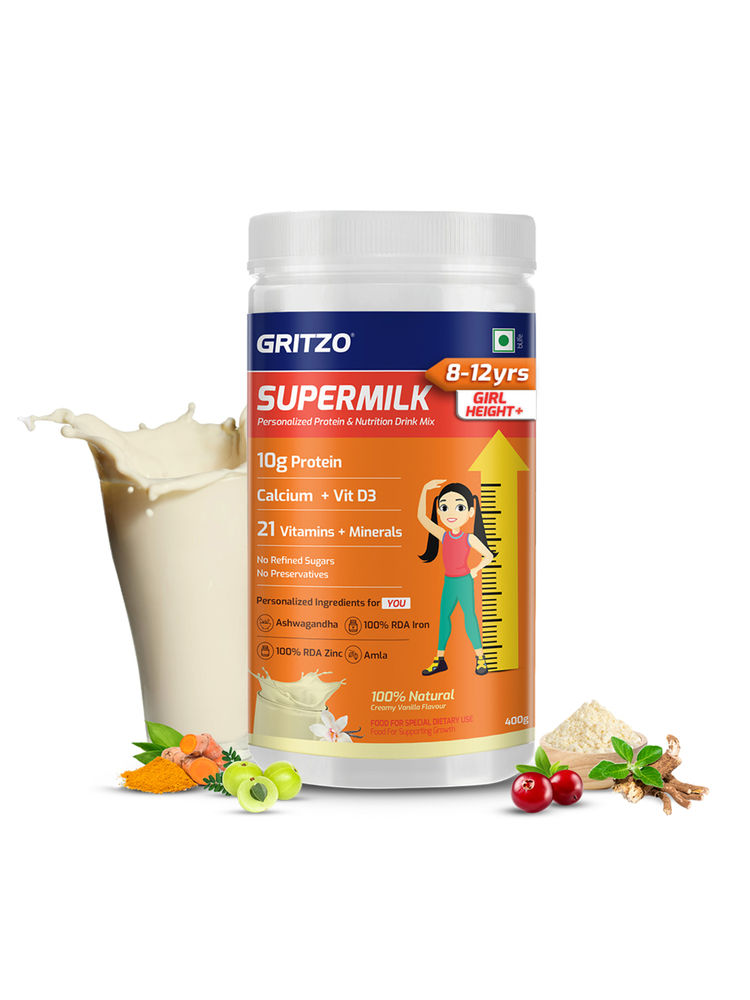 Gritzo SuperMilk Height+ for Girl 7-12 Yrs Girls Protein, Creamy Vanilla