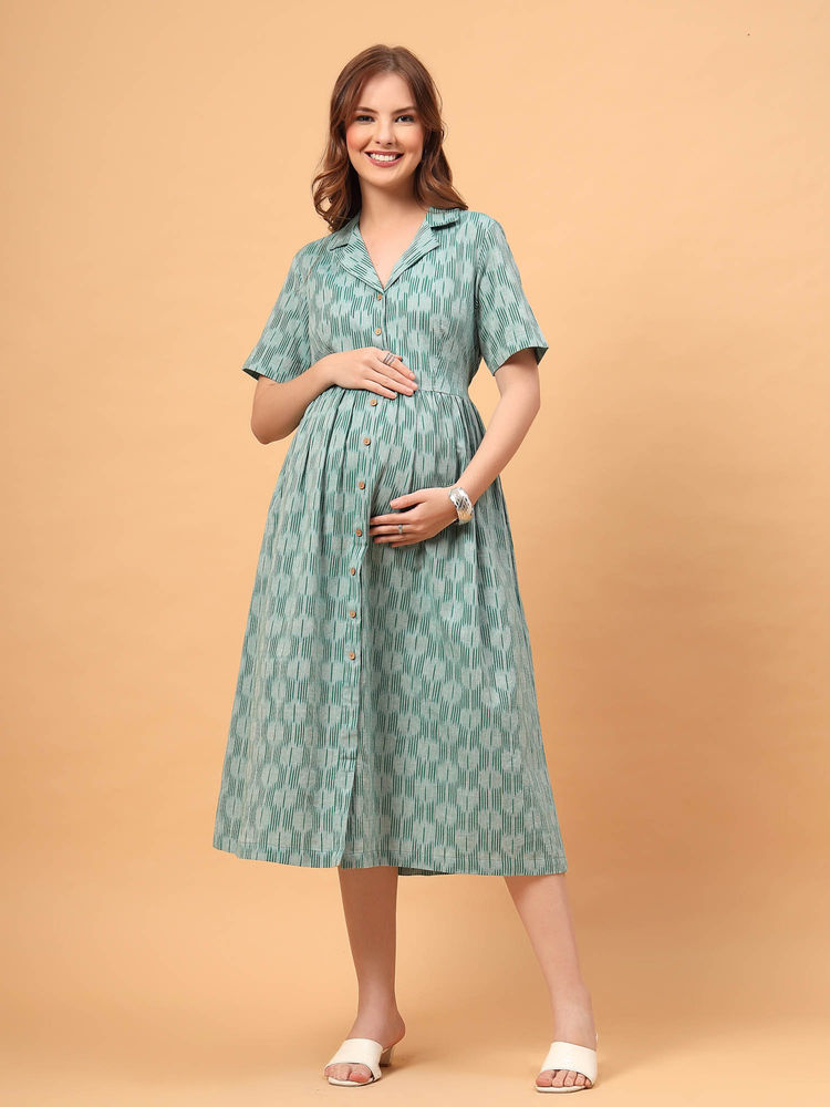 Zelena Ikat Print Cotton Maternity Shirt Dress-picture-18