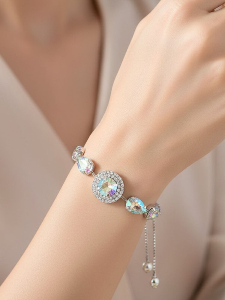 Accessher Silver Multi-Color Stone Adjustable Stylish Chain Bracelet-image-4