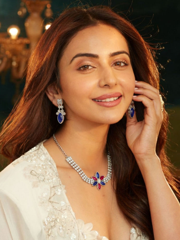 Accessher Multi-Color Silver Red-Blue American Diamond Floral Necklace with Earrings-image-31
