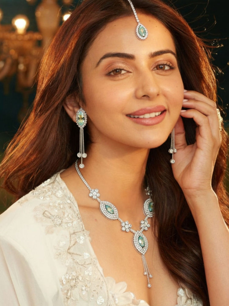 Accessher Silver Multi-Color American Diamond Necklace with Earrings & Maangtikka-image-23