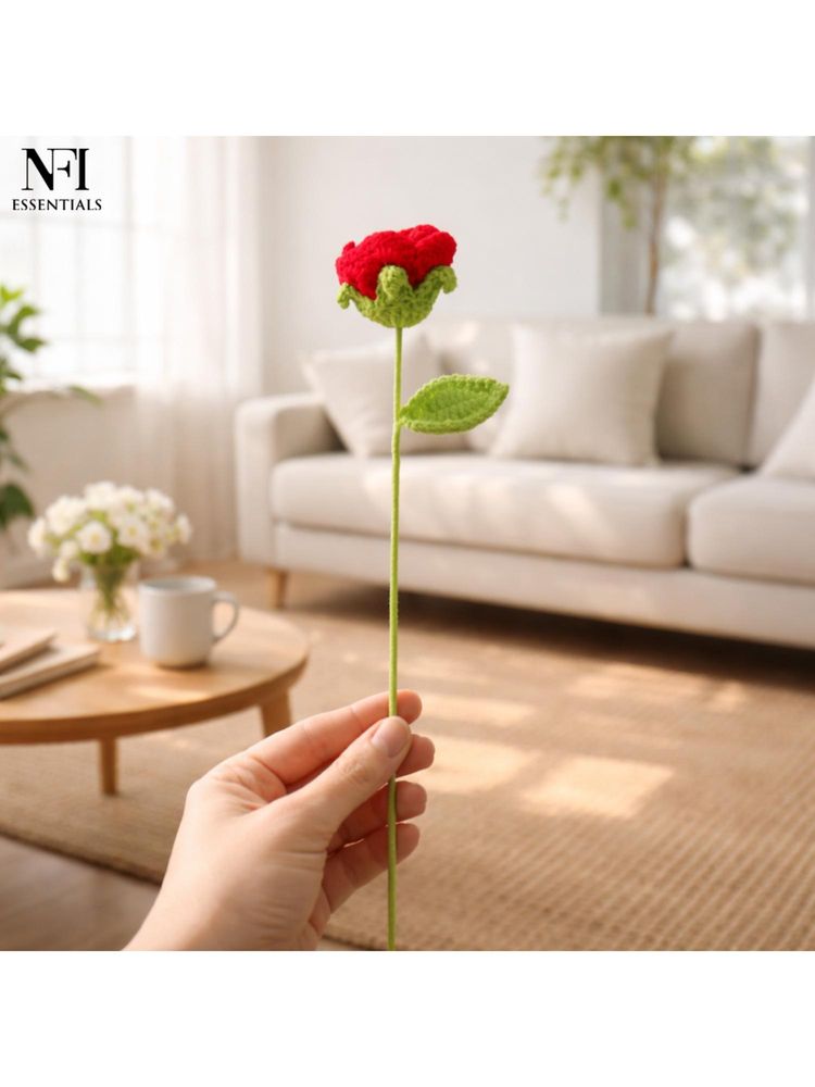 NFI Essentials Crochet Red Rose With Stem & Leaf-picture-15