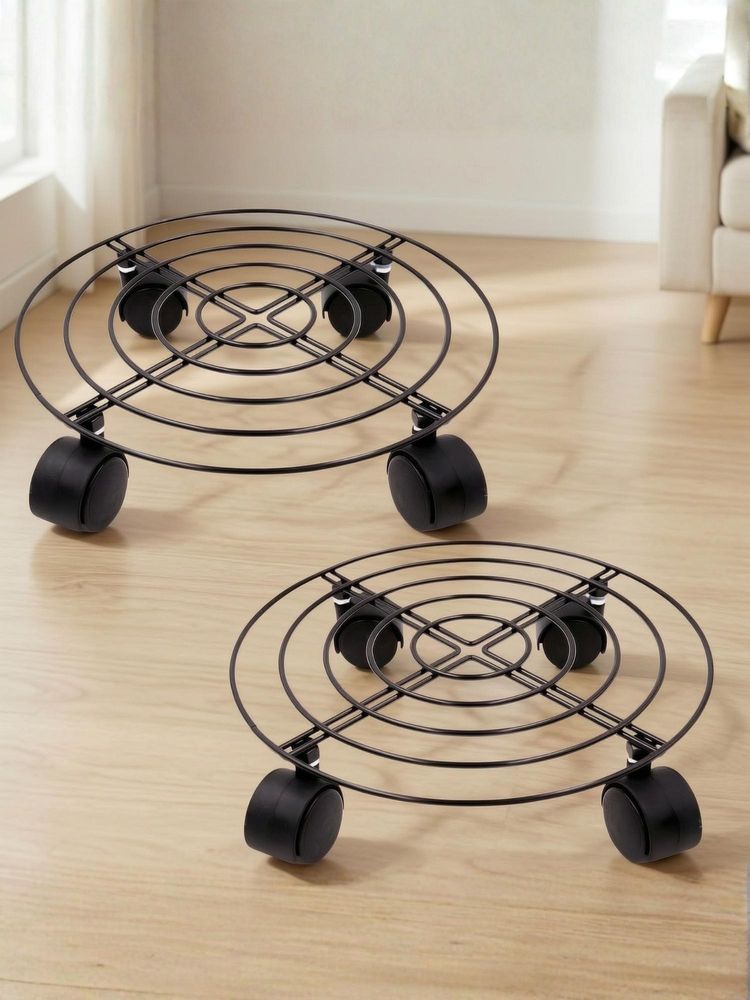 Ecofynd Ori Round Black Metal Plant Stand With Rolling Wheels (Pack of 2)-picture-5