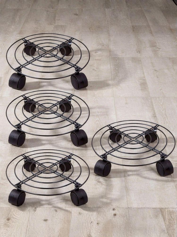 Ecofynd Ori Black Round Metal Plant Stand With Rolling Wheels (Pack of 4)-image-28