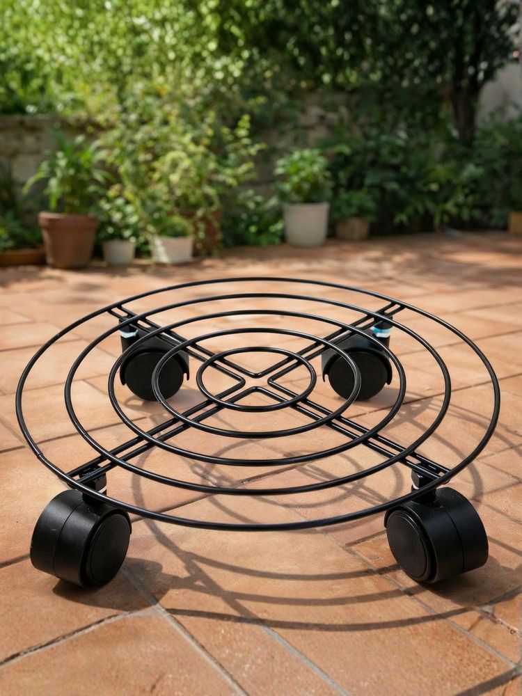 Ecofynd Ori Black Round Metal Plant Stand With Rolling Wheels-image-29