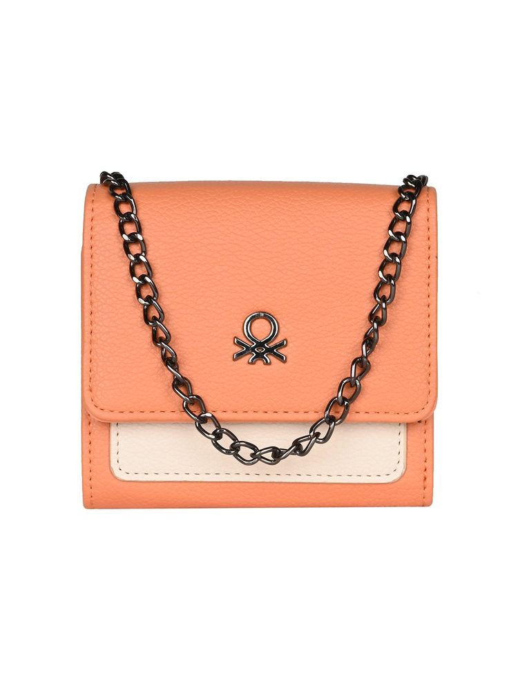 United Colors of Benetton Orange Adelle Tri Fold Wallet with Detachable Chain-image-4
