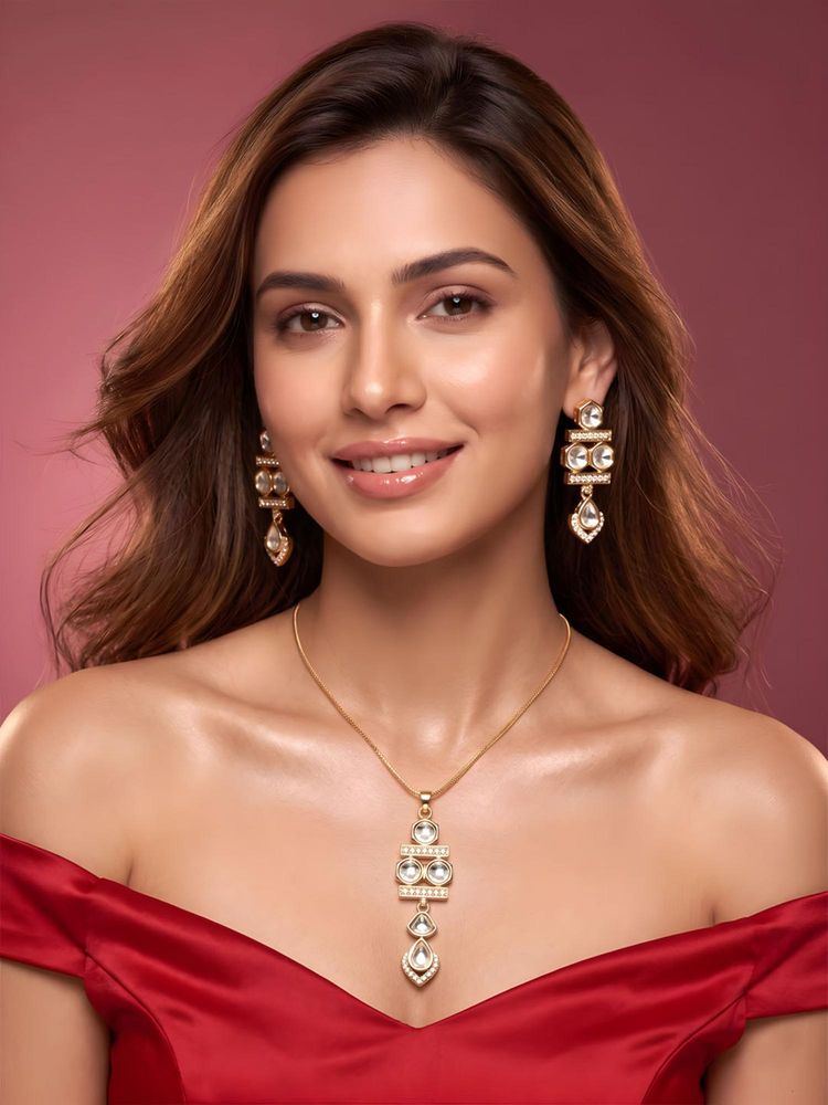 ADIVA 1 Gram Gold-Plated Polki Kundan & Stone Geometric Pendant Necklace Set-picture-25