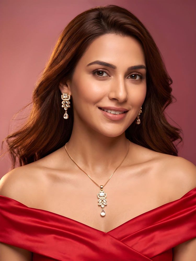 ADIVA 1 Gram Gold-Plated Polki Kundan & Stone Floral Pendant Necklace Set-picture-18