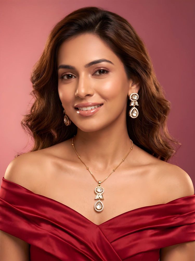 ADIVA 1 Gram Gold-Plated Polki Kundan & Stone Drop Pendant Necklace Set-picture-24